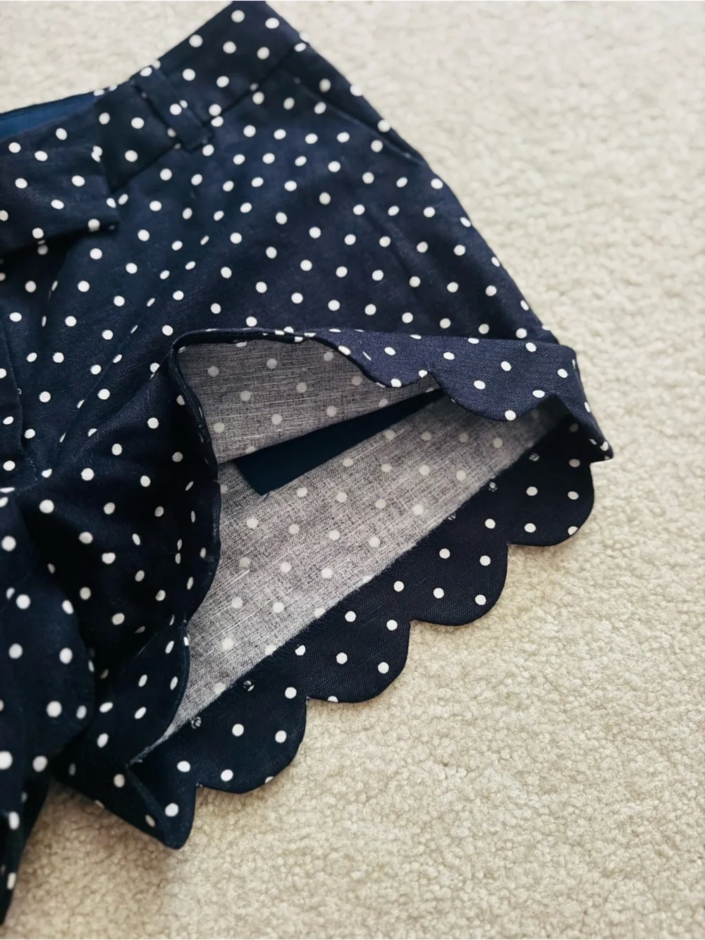 J. Crew Scalloped Hem Polka Dot Printed Navy Blue White Linen Cotton Mini Shorts